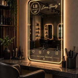 May include: A rectangular wall mirror with rounded corners and integrated warm LED edge lighting. The glass features the white etched text Luna Beauty, the LB logo, a heart, star, diamond, and bookmark icon, and the phrase YOU LOOK AMAZING.