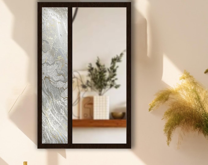 Silver Gold Abstract Tempered Glass Wall Mirror | Decorative MDF Frame Mirror | Modern Entryway & Bathroom Wall Decor | Ready to Hang