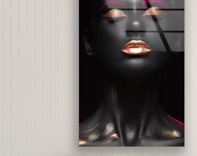 Tempered Glass Wall Art -Wall Decor- -Glass Printing -Large Wall Art -Wall Hangings -Gold pink orange girl- Wall Art