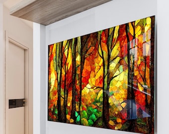 Abstract Forest Tempered Glass Wall Art – Autumn Tree Design with Warm Tones – Glossy 4mm UV Printed Panel