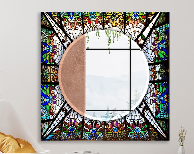 Mosaic Round Mirror Wall Decor-Tempered Glass Mirror-Circle Mirror for Wall-Bathroom Mirror-Stained Mirror-Modern Wall Mirror-Vanity Mirror