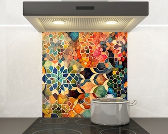 Colorful Mosaic Tempered Glass Backsplash – Artistic Stained Tile Wall Panel for Kitchen Decor, Boho Modern Splashback Gift Idea