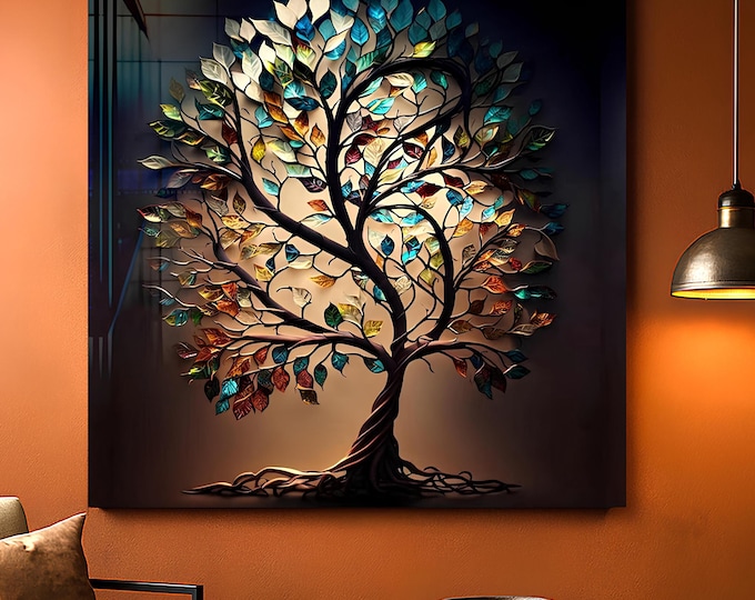 Tree of Life Tempered Glass Wall Art – Modern Abstract Nature Panel – 4mm Glossy UV Printed Wall Decor