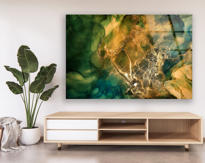 Tempered Glass Wall Art-Framed Wall Art-Extra Large Wall Art for Living Room Decor-Glass Printing Wall Decor-Green Fractal Abstract Wall Art