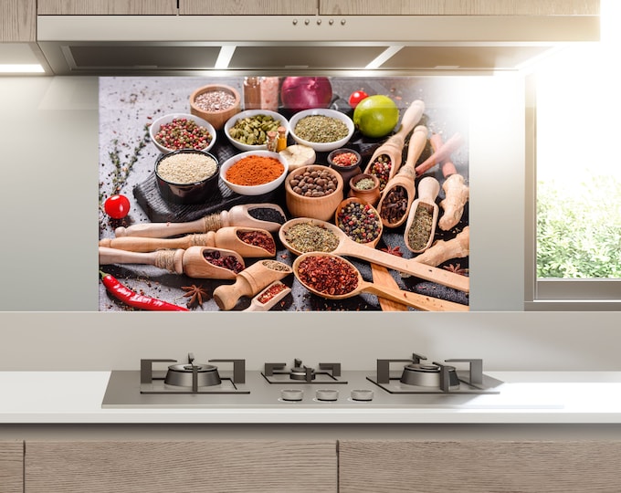 Tempered Glass Spices Backsplash Design-Cooker Wall Backsplash Panel-Glass Splashback For Kitchen Panel Design-Herbs Splashback