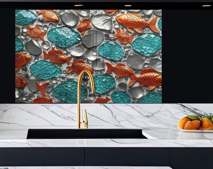 Tempered Glass Backsplash Tile-Koi Fish Backsplash-Stove Backsplash for Kitchen Splashback for Stove Back Cover-Fish Backsplash Behind Stove