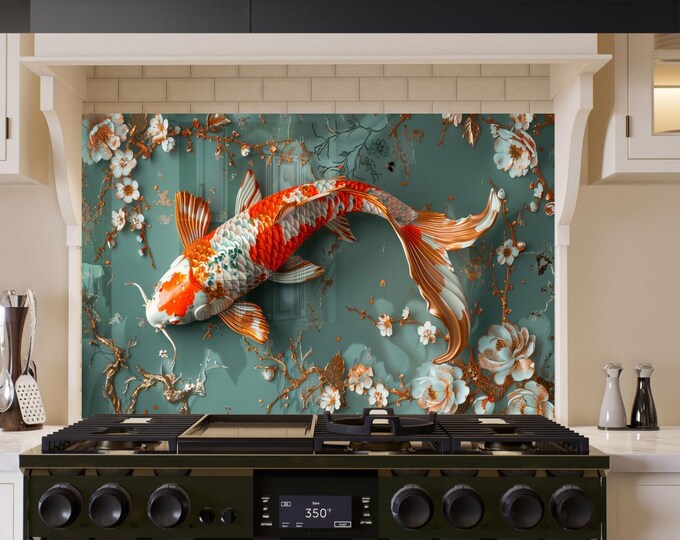 Tempered Glass Backsplash Mosaic Koi Fish Backsplash for Kitchen Splashback Stove Back Cover-Sink Splashback -Mosaic Tile-Fish Wall Decor