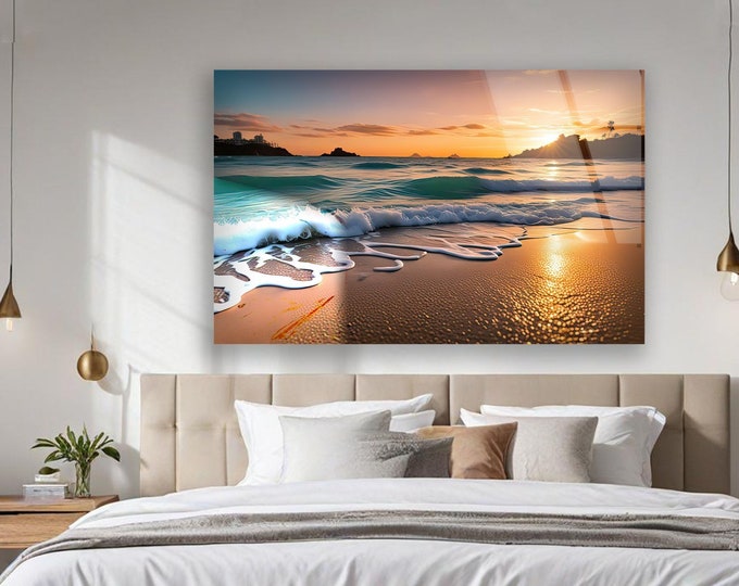 Tempered Glass Art-Glass Printing Art-Tempered Glass Wall Art-Glass Wall Decor-Home Decor-Blue Stained Decor-Beach Stones Wall Art