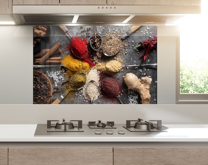 Tempered Glass Spices Backsplash Design-Cooker Wall Backsplash Panel-Glass Splashback For Kitchen Panel Design-Spoon Spice Splashback