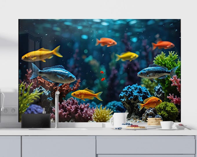 Tempered Glass Fish Backsplash Tile Fish Splashback for Stove Back Cover-Kitchen Fish Backsplash Tile- Stove Aquarium Backsplash