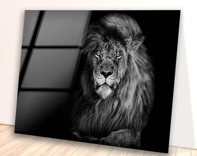 Black and White Lion Glass Wall Art – Regal Jungle King Portrait, Fierce Minimalist Animal Panel, Majestic Strength Statement for Bold