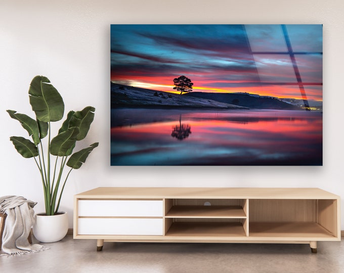 Tempered Glass Wall Art For Restaurant Office -Extra Large Glass Wall Art-Lake View Wall Art-Sunset View Wall Art-Sunset At Forest
