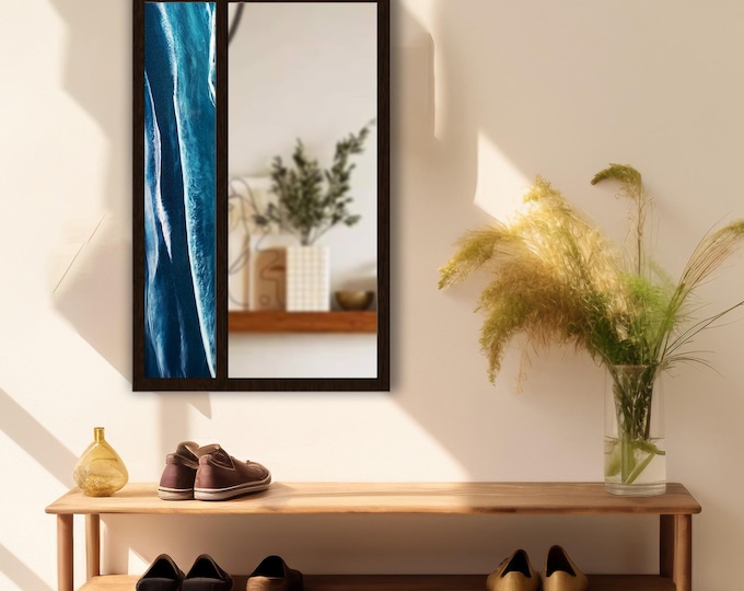 Ocean Wave Tempered Glass Wall Mirror | Coastal Blue Sea Design | Decorative MDF Frame | Modern Bathroom & Entryway Wall Decor