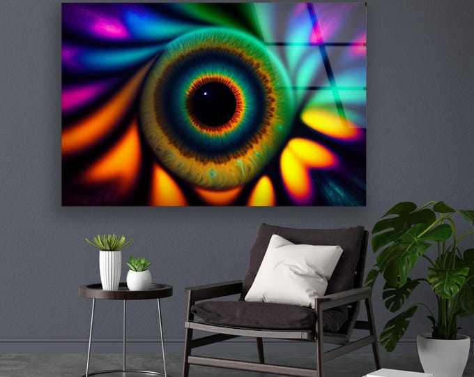 Psychedelic Eye Wall Art – Vivid Glass Panel with Hypnotic Rainbow Swirl, Trippy Optical Decor for Gamers, Art Lovers, or Boho Interiors