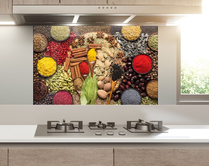 Kitchen Glass Splashback-Tempered Glass Spices Backsplash Tile Kitchen Backsplash Tiles-Cooker Panel Waterproof-Kitchen Wall Decor Spices