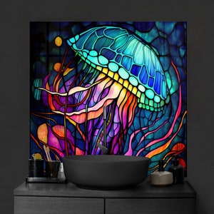 Stained Glass Jellyfish Backsplash Panel – Ocean-Inspired Tempered Glass Wall Art for Kitchen or Bathroom, Bold Aquatic Statement Decor