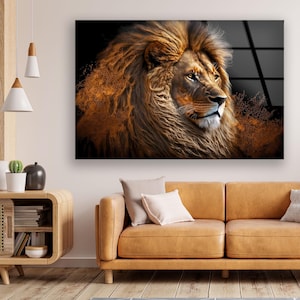 Majestic Lion Tempered Glass Wall Art – Regal King of Jungle Portrait Print for Bold Animal Lovers and Luxury Modern Home Decor