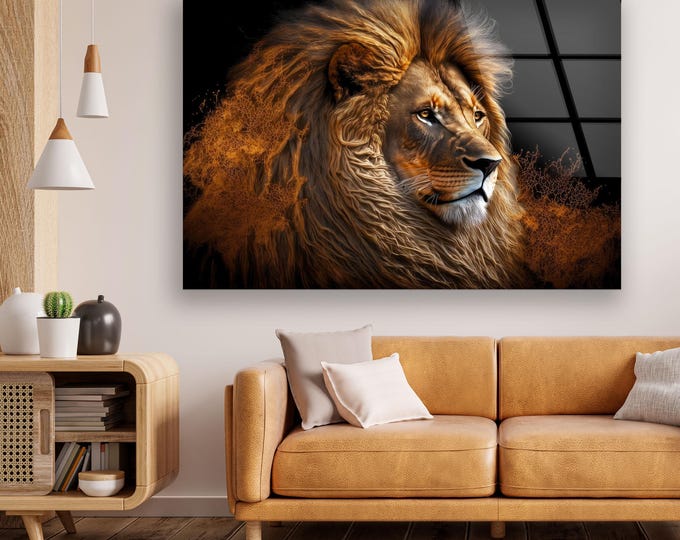 Majestic Lion Tempered Glass Wall Art – Regal King of Jungle Portrait Print for Bold Animal Lovers and Luxury Modern Home Decor