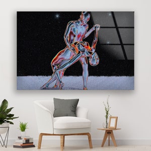 Futuristic Couple Abstract Wall Art – 4mm Tempered Glass UV Printed Metallic Design – Modern Love-Inspired Home Decor Panel image 3