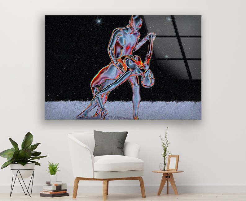 Futuristic Couple Abstract Wall Art – 4mm Tempered Glass UV Printed Metallic Design – Modern Love-Inspired Home Decor Panel image 3