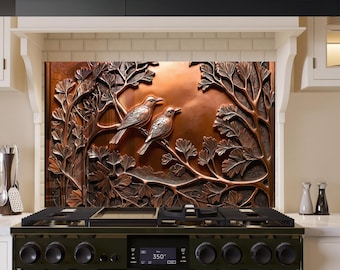 Tempered Glass Kitchen Backsplash: Tree Bird Art, Golden Bronze
