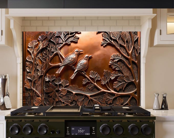 Tempered Glass Backsplash-Life of Tree Bird Backsplash Tiles-Backsplash for Golden Splashback for Stove Back Cover-Backsplash Behind Stove