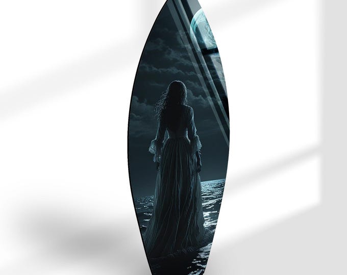 Glass Printing Wall Art-Large Wall Decor Living Room-UV Painted Glass Wall Art- Art- Moon Glass Printing-Moon Art Surfboard-