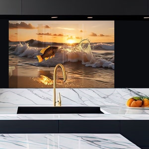 Tempered Glass Backsplash Gold Marble Backsplash Tiles-Stove Backsplash for Kitchen Splashback for Stove Back Cover-Golden Tiles-White Tile