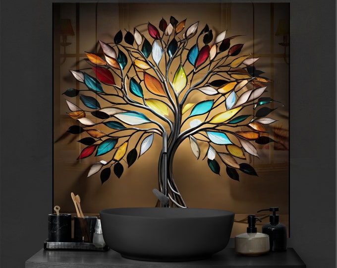 Kitchen Glass Splashback-Tempered Glass Flower Backsplash Tile Kitchen Backsplash Tiles-Cooker Panel Waterproof-Stained Tree life Splashback