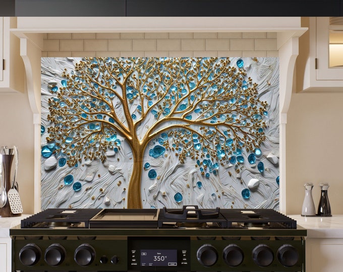 Tempered Glass Backsplash-Life of Tree Backsplash Tiles-Metal Backsplash-Tree of life Splashback Stove Back Cover-Backsplash Behind Stove
