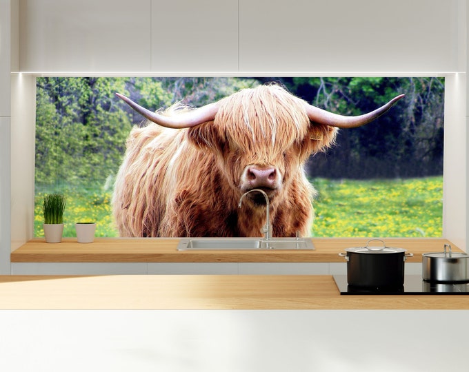 Tempered Glass Highland Cow Backsplash Design-Cooker Wall Backsplash Panel-Glass Splashback For Kitchen Panel Design-Scottish Cow Splashback