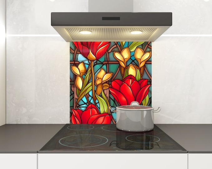 Kitchen Glass Splashback-Tempered Glass Flower Backsplash Tile Kitchen Backsplash Tiles-Cooker Panel Waterproof-Stained Floral Splashback