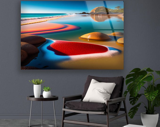 Surreal Beach Glass Wall Art – Dreamlike Coastal Landscape with Vibrant Colors, Bold Shoreline Scene for Modern Tropical or Zen Interiors