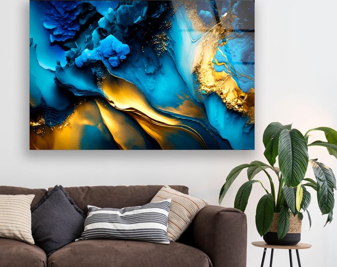 Blue Gold Abstract Glass Wall Art – Luxury Fluid Ink Painting for Bold Interiors, Modern Glam Home Decor,