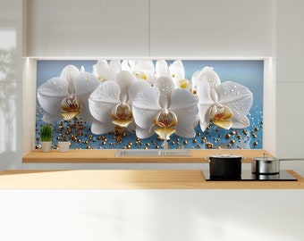 Tempered Glass Backsplash Tiles-Orchid Backsplash for Kitchen Splashback Stove Back Cover-Sink Splashback Tile-Flower Backsplash Floral