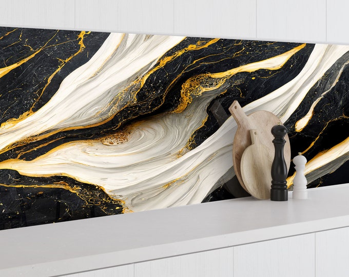 Tempered Glass Golden Abstract Backsplash Design-Cooker Wall Backsplash Panel- Splashback For Kitchen Panel Design-Black Gold Splashback