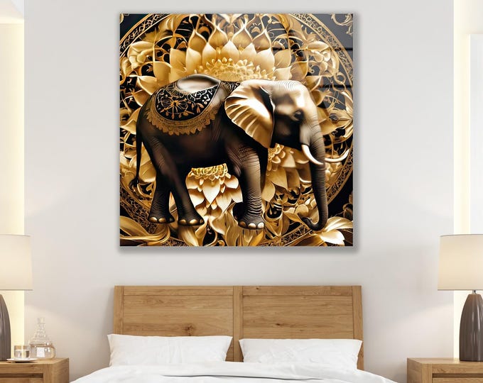 Golden Elephant Printing Glass Wall Art Tempered Glass Wall Art    Abstract Wall Art  Large Wall Art  Home Decor  Housewarming Gifts