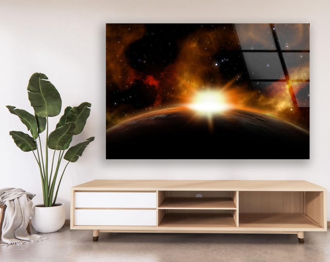 Celestial Dawn Glass Wall Art - Sunrise Over Planet in Deep Space Scene - Sci Fi Galaxy Panel for Gamer Room or Modern Loft Decor