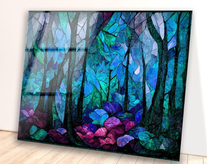 Tempered Glass Forest Wall Art – Mosaic Leaf and Tree Print With Vivid Blues and Purples – Mystical Nature Decor On Glossy Glass Panel