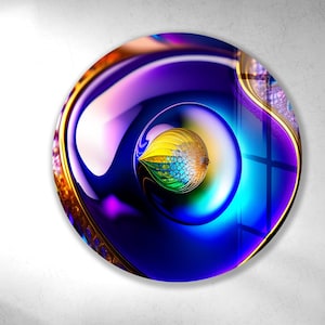 Abstract Color Burst Glass Wall Art – Round Tempered Glass Panel with Futuristic Energy | Bold Modern Decor for Home, Office or Studio
