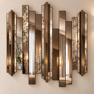 May include: A wall mirror composed of multiple vertical rectangular panels arranged in a staggered, layered formation. The design features a mix of clear reflective glass strips and panels with a distressed, mottled antique bronze finish.