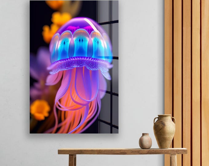 Neon Jellyfish Tempered Glass Wall Art – Glowing Ocean Medusa Design for Modern Coastal Homes, Sea Lover Gifts, and Futuristic Decor