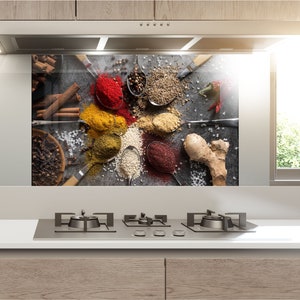 Tempered Glass Herbs Backsplash Design-Cooker Wall Backsplash Panel-Glass Splashback For Kitchen Panel Design-Red Pepper Spices Splashback