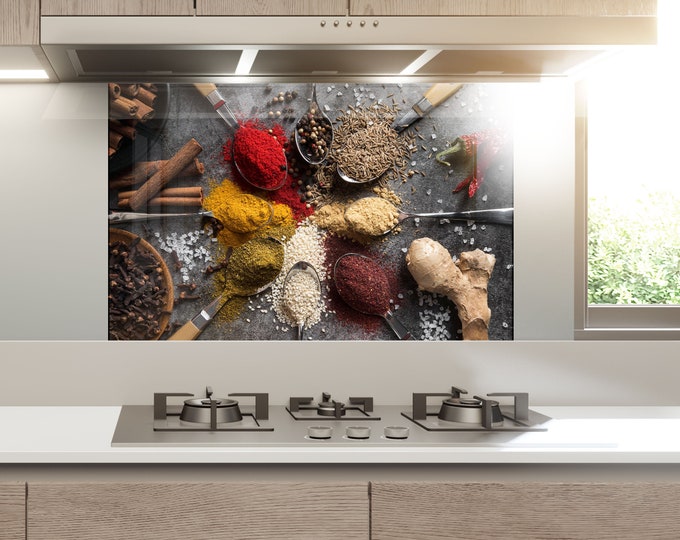 Tempered Glass Herbs Backsplash Design-Cooker Wall Backsplash Panel-Glass Splashback For Kitchen Panel Design-Red Pepper Spices Splashback