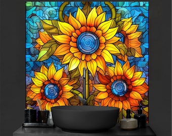 Kitchen Glass Splashback-Tempered Glass Flower Backsplash Tile Kitchen Backsplash Tiles-Cooker Panel Waterproof-Stained Floral Splashback