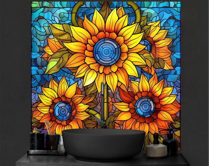 Kitchen Glass Splashback-Tempered Glass Flower Backsplash Tile Kitchen Backsplash Tiles-Cooker Panel Waterproof-Stained Floral Splashback
