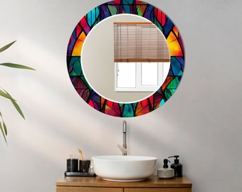 Stained Round Mirror Wall Decor-Tempered Glass Mirror-Circle Mirror Wall-Bathroom Mirror-Decorative Mirror-Mosaic Wall Mirror-Vanity Mirror