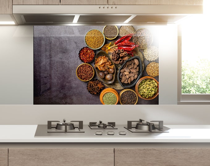 Tempered Glass Herbs Backsplash Design-Cooker Wall Backsplash Panel-Glass Splashback For Kitchen Panel Design-Red Pepper Spices Splashback