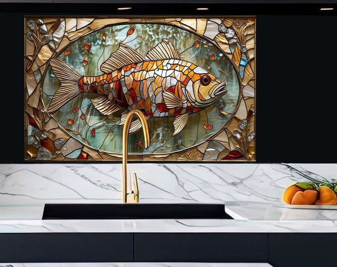 Tempered Glass Backsplash-Mosaic Fish Backsplash Tiles-Fish Backsplash for Kitchen Splashback for Stove Back Cover-Fish Mosaic Tile Stained