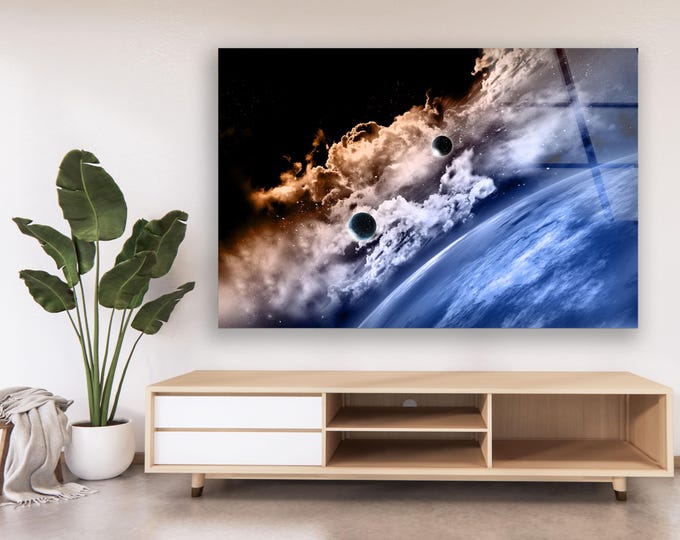 Cosmic Space Glass Wall Art - Dramatic Planet View with Clouds and Stars - Sci Fi Galaxy Panel for Modern Office or Gamer Room Decor